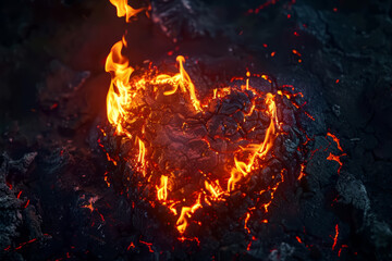 Heart made of fiery lava crack molten texture Flame symbol of love Scorching fire in the shape of a heart