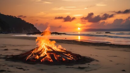 The sun settling over the peaceful sea and a fire on the beach. sunsets over the sea, on a beach with a fire pit, and in the backdrop, a bonfire at the beach with a view of the setting sun


