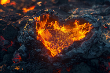 Beautiful heart made of fiery lava Flame symbol of love Lava crack molten texture with fire
