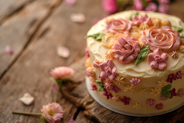 Obraz na płótnie Canvas Elegant Naked Cake with Buttercream Flowers and Rose Petals
