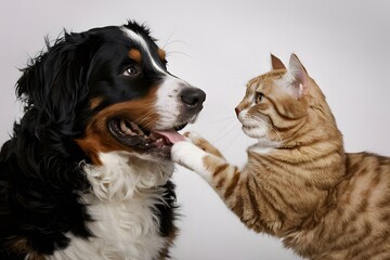 Playful Bernese Mountain Dog and ginger cat in close up, showcasing curious expressions