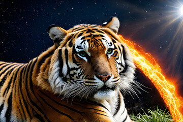 Bengal tiger with mustache lies in the jungle and looks at the camera.