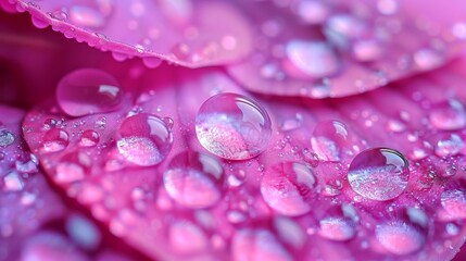   A close-up of a pink flower with dewdrops on its petals, each drop precariously perched