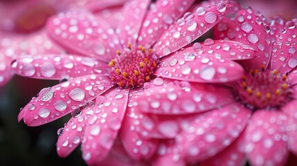   A close-up of a pink flower with dewdrops on its petals and none on the red center - obrazy, fototapety, plakaty