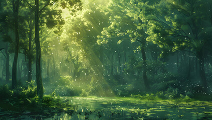 Fototapeta na wymiar A calm green forest scene, ideal for nature blogs, wellness websites, and environmental campaigns.