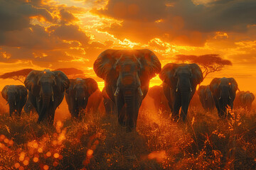 A herd of elephants on the African savannah at sunset, photo realistic, in the style of national geographic with warm tones. Created with Ai