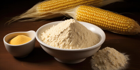 A bowl of cornmeal is on a table with corn on the cob. The corn is yellow and white