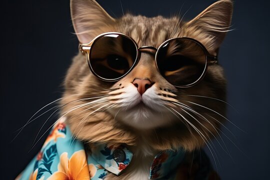 Portrait of a cat in glasses, an expensive and well-groomed pet cat