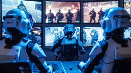 In a virtual control room police officers monitor and direct the movements of the riot control robots using advanced technology to maintain control of the situation. . - obrazy, fototapety, plakaty