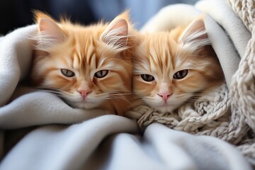 Cute little red kittens sleeping on a blanket, fluffy pets.