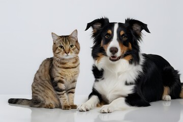 Curious cat and Border Collie dog pose together, exuding charm and friendliness