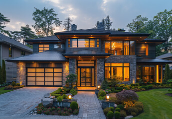 Naklejka premium Photo of a modern home in Vancouver, Canada with stone accents and large windows. Created with Ai
