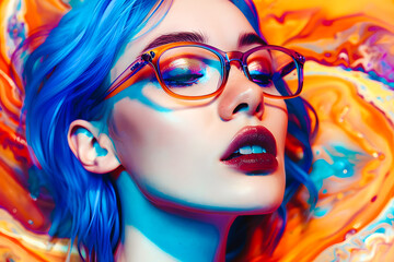 Portrait coloré de jeune femme avec des lunettes - obrazy, fototapety, plakaty