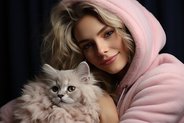 Portrait of a girl with a white cat.