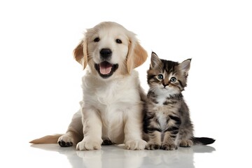 Playful golden retriever puppy and curious kitten share a charming moment together