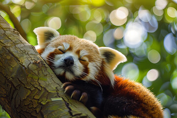 A delightful image capturing a red panda in the midst of a peaceful afternoon nap