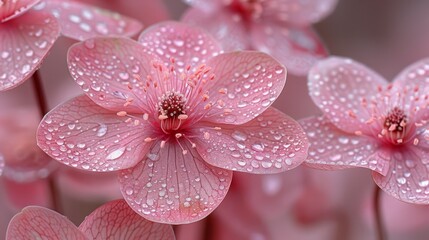   A tight shot of a pink bloom, adorned with water beads on its petals, featuring prominently in the frame