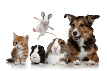 Colorful group of playful animals against white background kitten, guinea pig, rabbit, dog, mouse