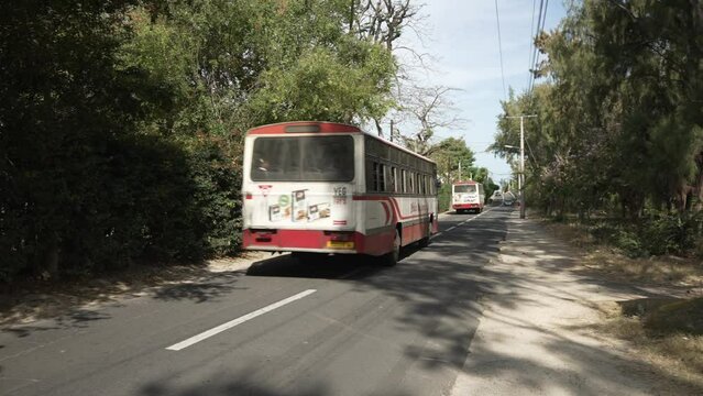View of local buses passing colourful roadside shop in Cap Malheureux, Mauritius, Indian Ocean, Africa
