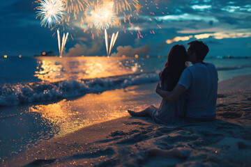 Fireworks and romance: Couple enjoys a spectacular display over the ocean from the beach