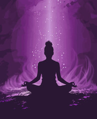 Fototapeta na wymiar a woman sitting in a lotus position in front of a purple background