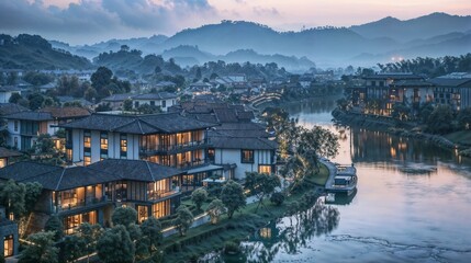 A serene town by a river