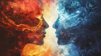Two faces, one red and one blue, are shown in a fiery, swirling background - obrazy, fototapety, plakaty