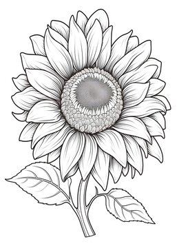 Sunflower Coloring Page, Hand drawn Sunflower outline coloring page, Sunflower line art for coloring page, Sunflower sketch art, Sunflower coloring Book, Flower Coloring Pages, AI Generative