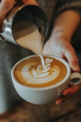   A person pours coffee into a white cup with a swirled design on its interior