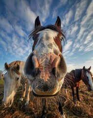   A tight shot of a horse's expressive face Another equine figure visible in the backdrop Blue sky above, adorned with delicate, wisping clouds
