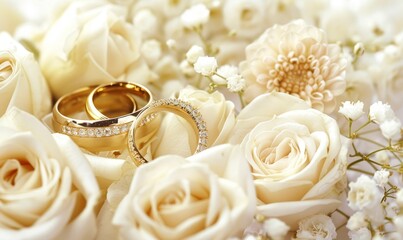   A tight shot of two interconnected wedding rings against a backdrop of white roses and baby's breath, with additional white blooms in the background
