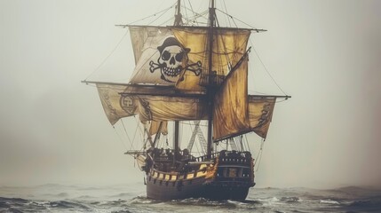   A pirate ship in the midst of the ocean, its prow displaying a skull motif, the stern bearing a crossbones emblem - obrazy, fototapety, plakaty