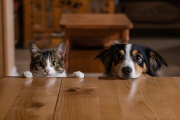 Curious cat and dog peeking over table in cozy interior setting