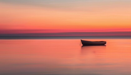   A tiny craft floats atop a vast expanse of water In the far distance, a pink and orange sky hovers