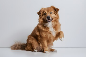 Cute fluffy dog with golden fur and gentle expression, raised paw