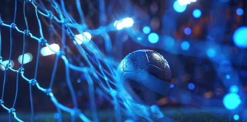   A tight shot of a soccer ball near a net, adorned with blue lights along its side