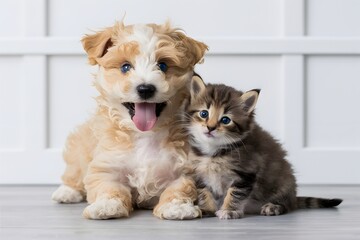 Adorable puppy and kitten play together, showing joy and curiosity on white background