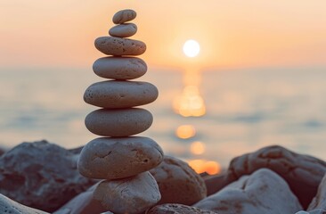   A stack of rocks rising above one another on a sandy beach, near the water's edge