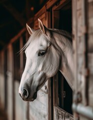   A white horse peers out of a stable door, gazing at the camera with a serious expression