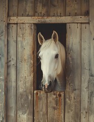   A white horse peers out from a wooden window within a barn, surrounded by a wooden fence - obrazy, fototapety, plakaty