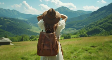 Fototapeta na wymiar A woman in a white dress, brown hat, and carries a brown bag Behind her, towering mountains form the backdrop