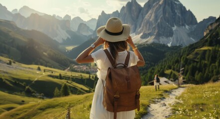  A woman in a white dress and hat gazes at mountains, holding a brown bag on her shoulder