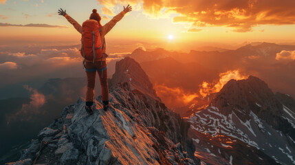 A middle aged woman on a mountain peak in a triumphant pose at dawn, sunrise light