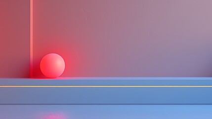   A red ball sits atop a table, near a room's center where a red light rests against a pink wall