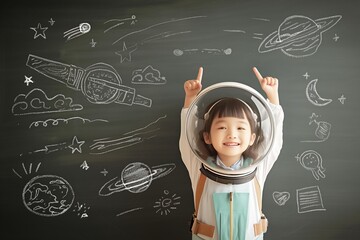 Creative innovation educational conceptual idea with happy little kid in astronaut suit on chalkboard background