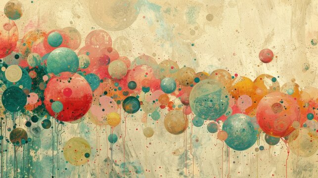   A painting of balloons drifting in the sky with splatters at its base