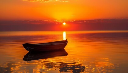  A small boat floats on tranquil water, surrounded by a vibrant orange and yellow sky Sun resides in the distant horizon