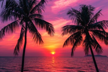   A few palm trees atop a beach, beneath a purpling and pinkening sky, as the sun sets in the distance