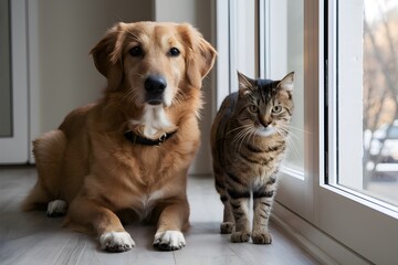 Golden dog and tabby cat stand near window, exuding serene and tranquil vibes