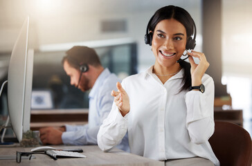 Call centre, agent and woman with headset, smile and consulting for insurance, customer service and...